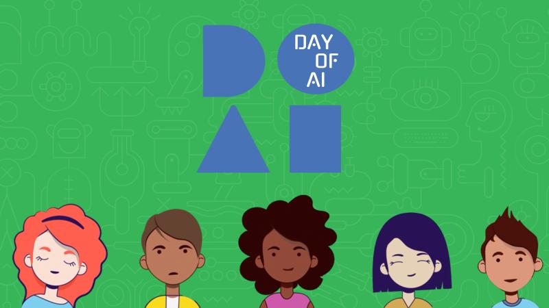 The Day of AI logo, with a green background and cartoon illustrations of children.
