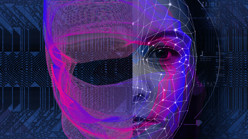 An images of half a woman's face, with various data points throughout.