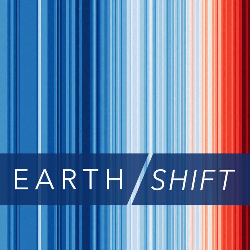 Earthshift, Warming stripes image credit: Professor Ed Hawkins (University of Reading), CC-BY4.0 license, via https://showyourstripes.info/