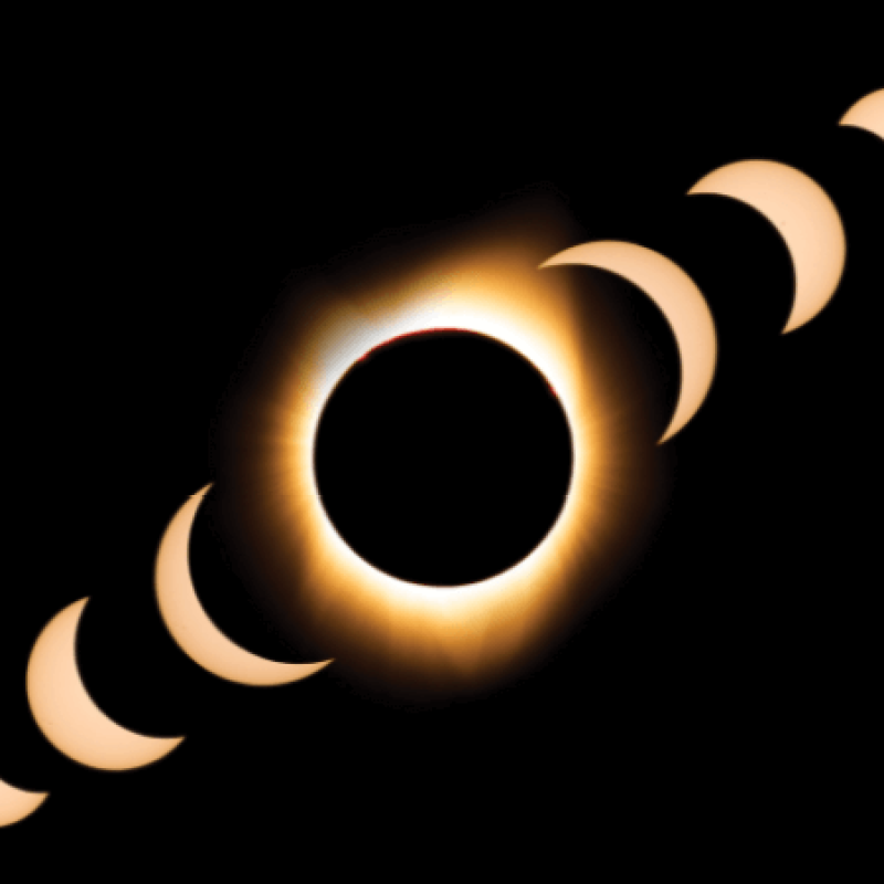 A solar eclipse is shown as all it's stages against a black background