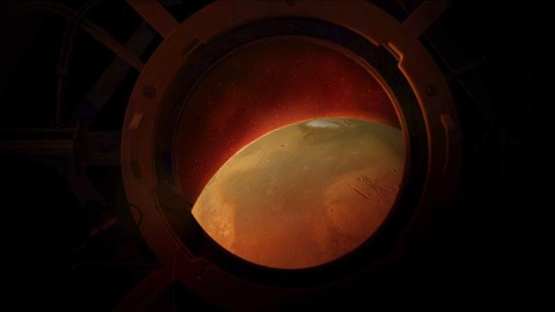 Looking out a port-hole at the planet Mars.