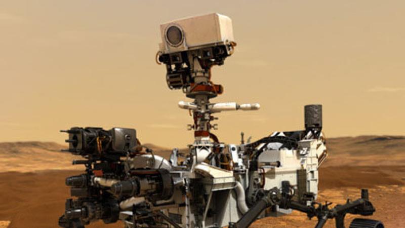Perseverance, the Mars rover, on the surface of Mars.