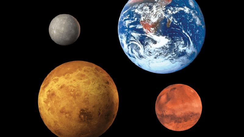 Mercury, Venus, Earth, and Mars on a black background