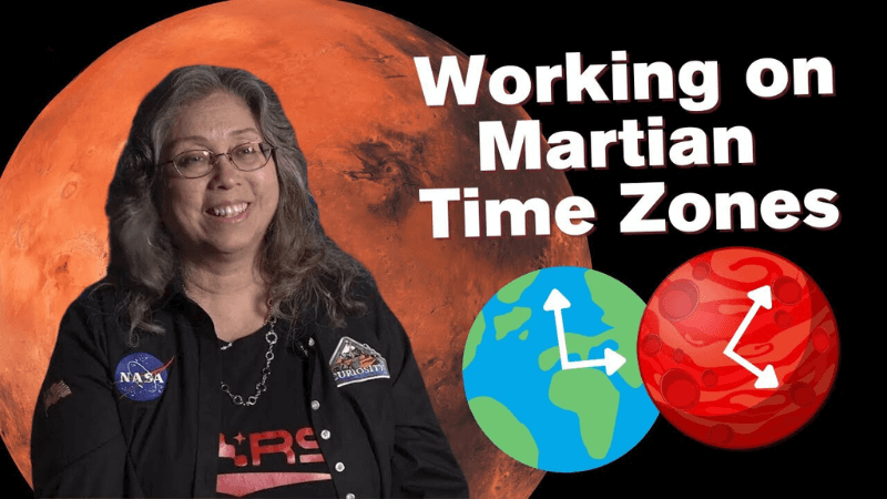 Nagin Cox in front of Mars with the words "Working on Martian Time Zones" in white.