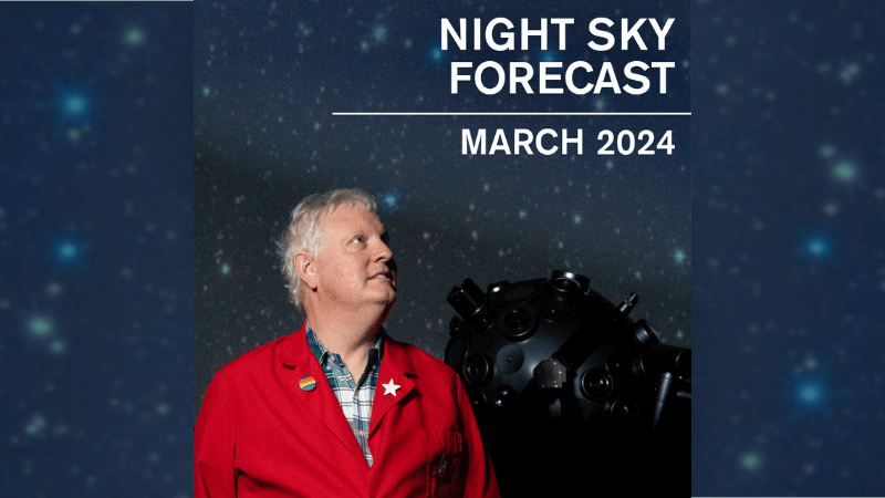Chuck Wilcox in front of the planetarium projector with text "Night Sky Forecast March 2024"