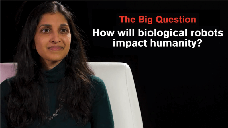 Ritu Raman on a black background with the words The Big Question How will biological robots impact humanity?