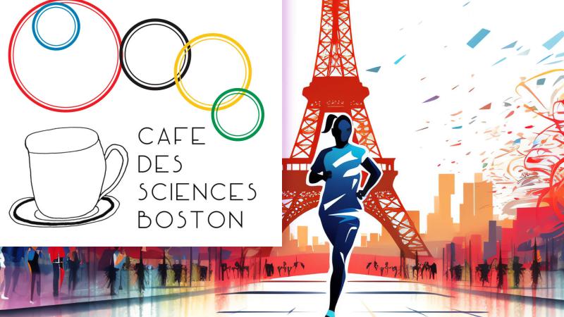 An abstract image of a woman running in front of the Eiffel tower with the words Cafe des sciences.