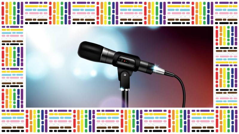 A microphone with mood lighting, with a rainbow border made of dashes.