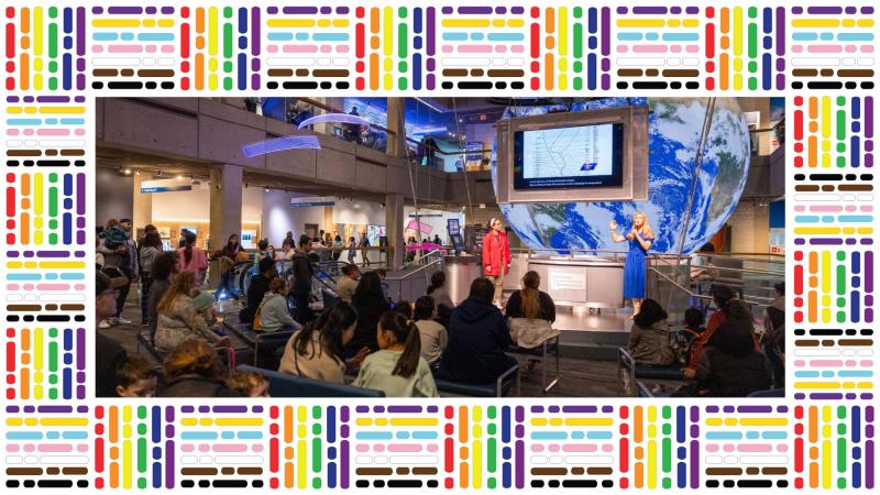 A group of guests watching a Meet a Scientist presentation, with a rainbow border made of dashes.