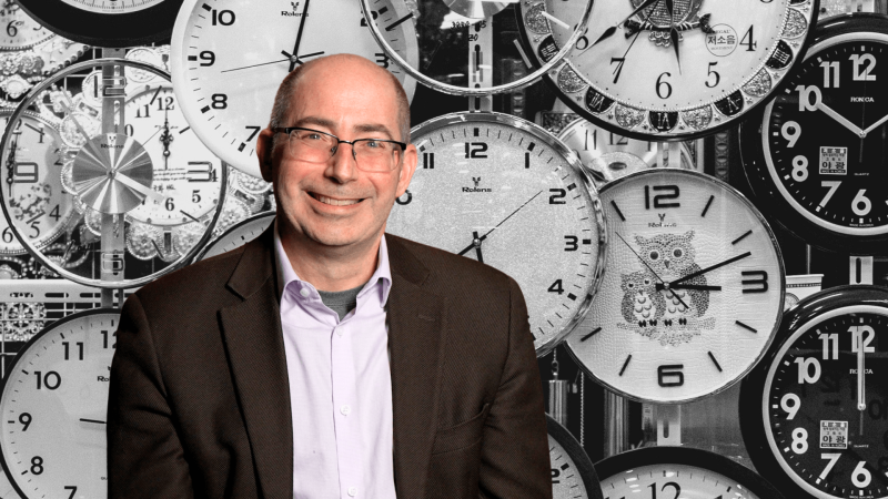 David Kaiser with a lot of clocks