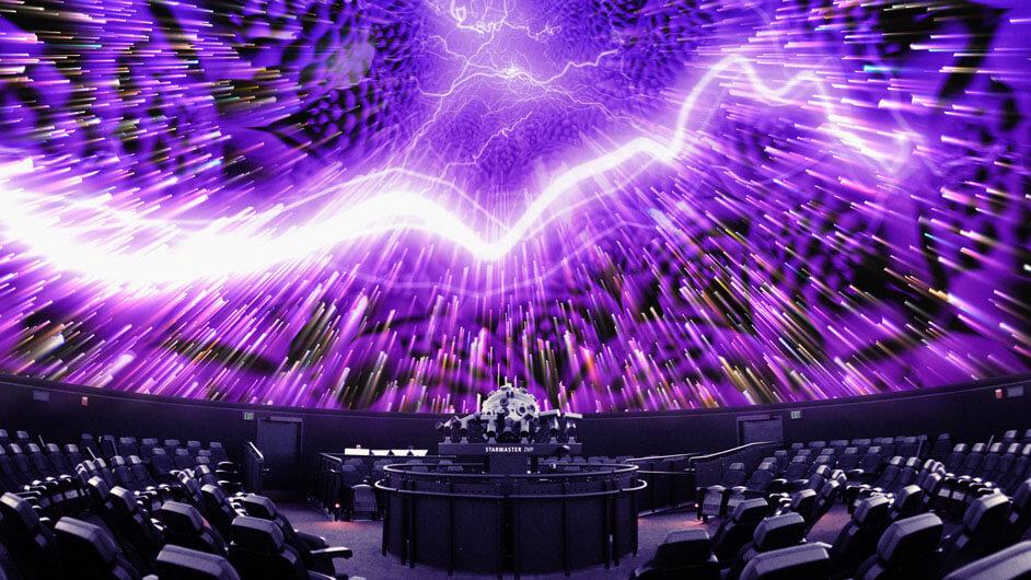 Imagry of purple lightning projected on the Planetarium dome.