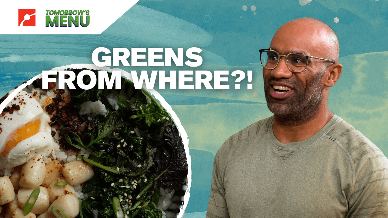 Chef Douglass Williams next to a dish with hydroponic greens