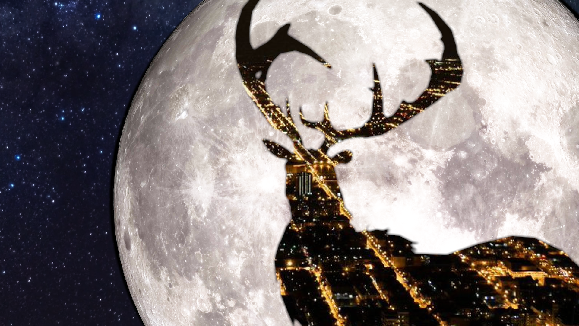 Buck in gold in front of a close up of the Moon.