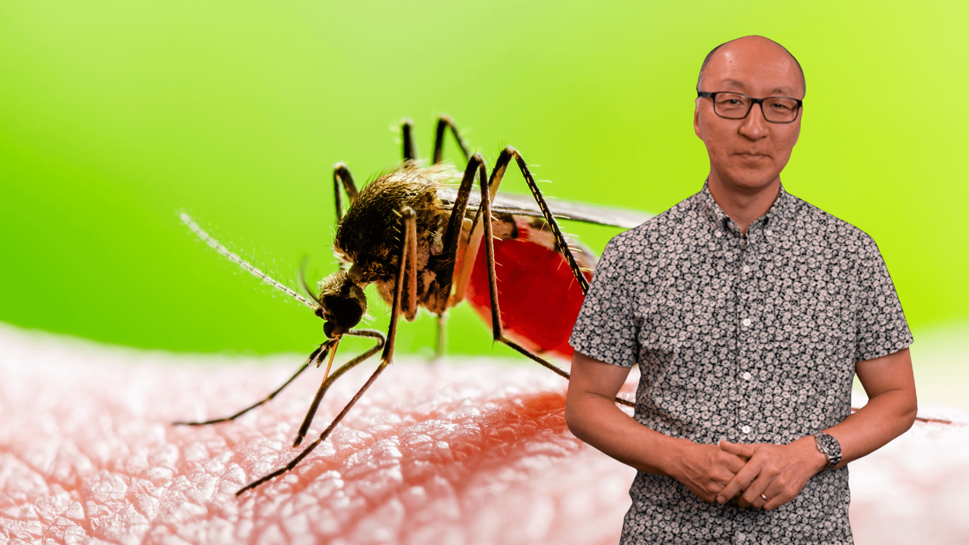 Insoo Hyun in front of an image of a mosquito