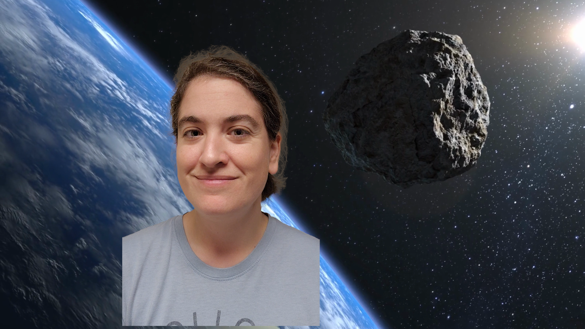 Talia with Earth behind her and an asteroid 