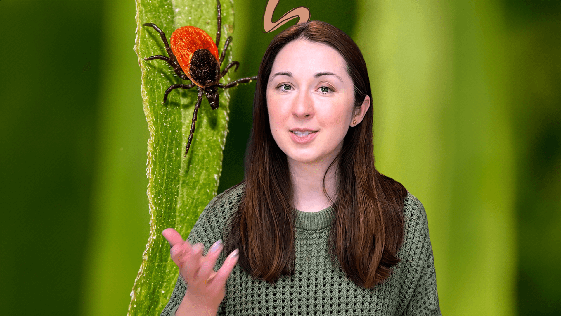 Alex Dainis in front of a leaf with a tick on it. 