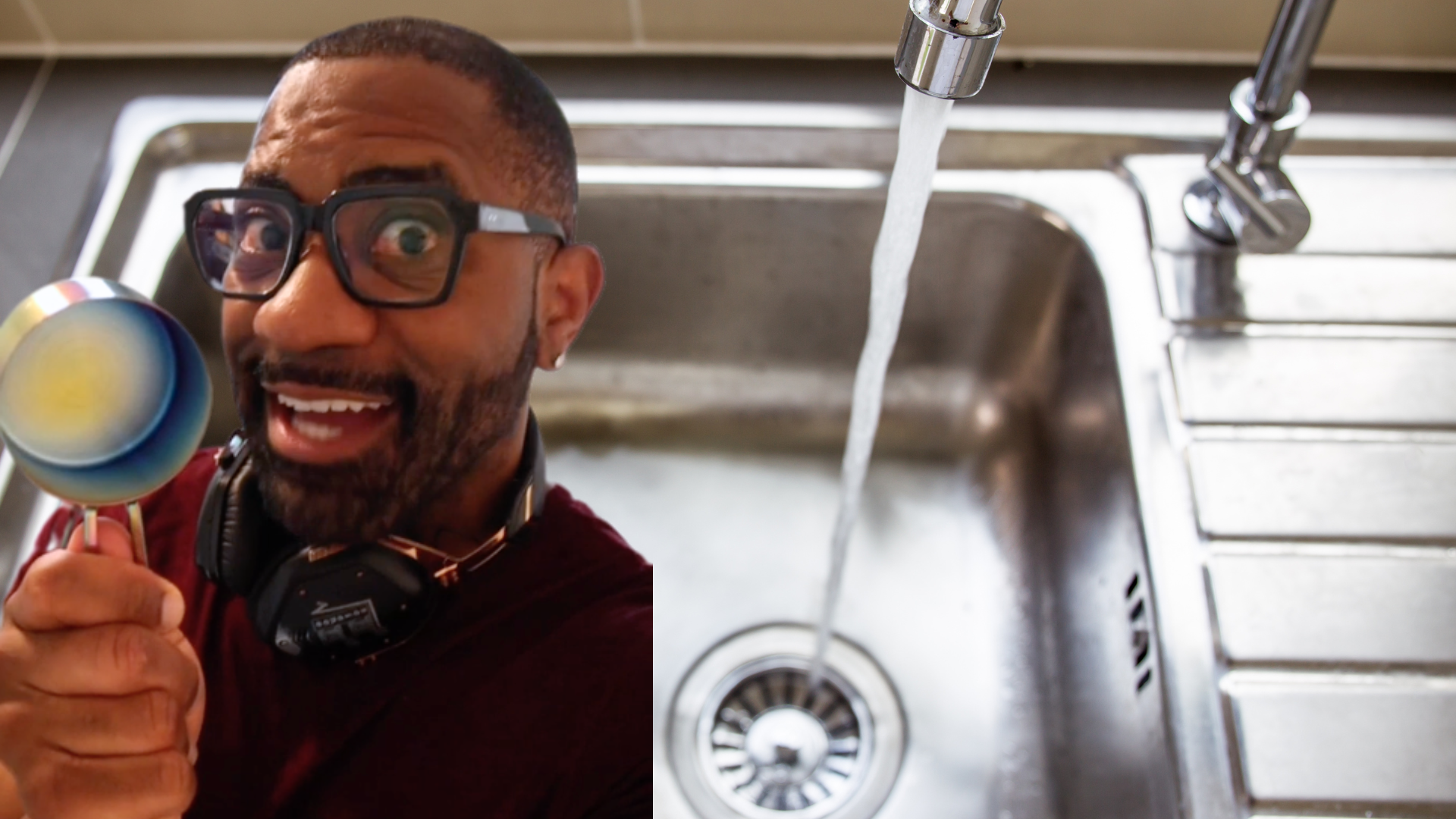 Maynard Okereke holding up a 1/2 cup in front of a sink