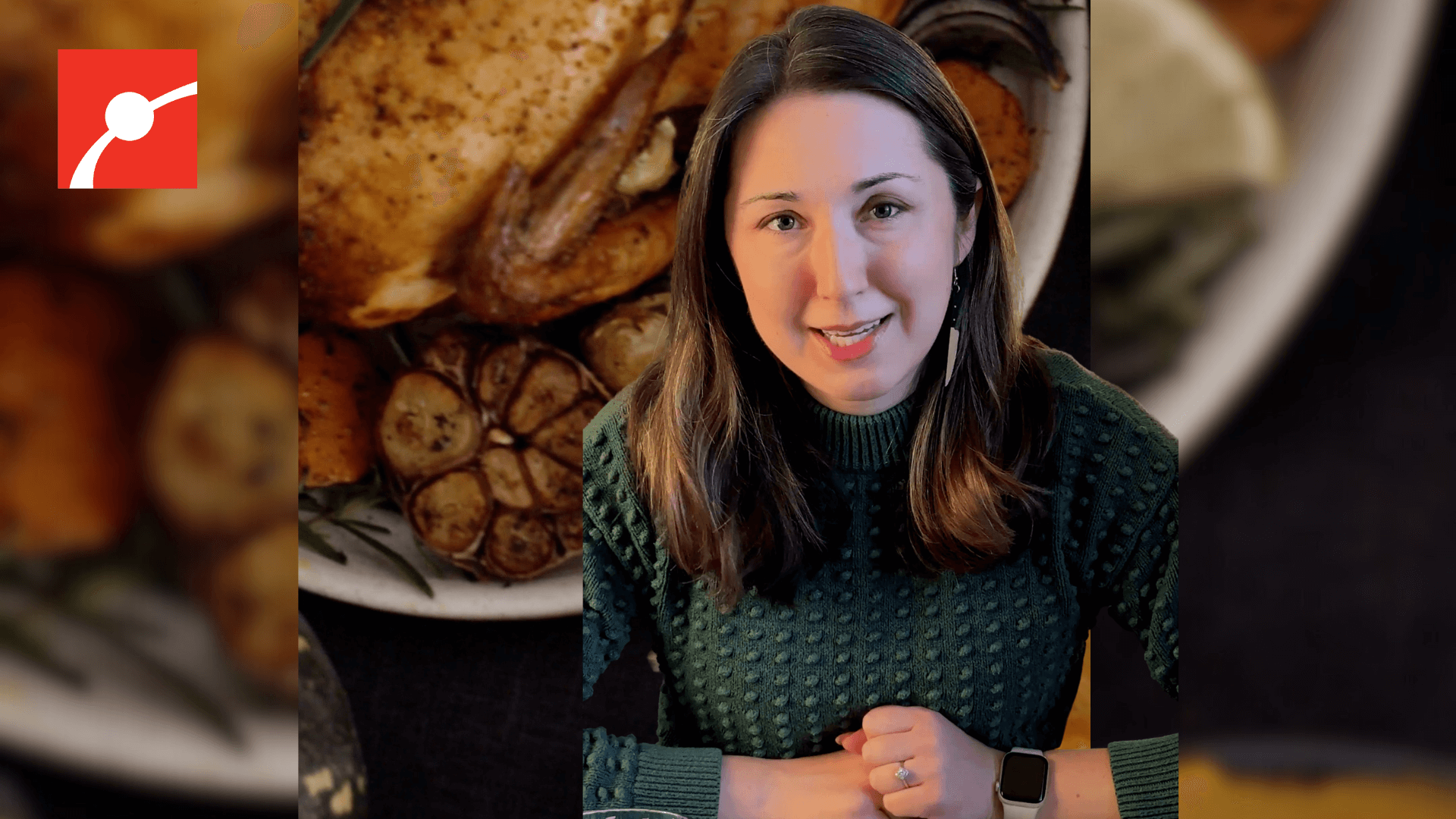 Alex Dainis in front of a plate of turkey 