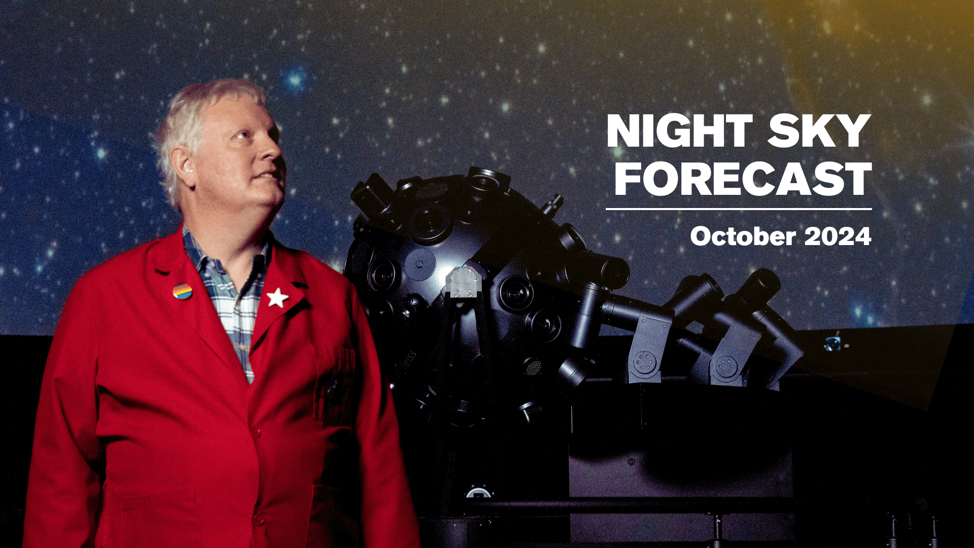 Chuck Wilcox in front of a night sky for the October 2024 Night Sky Forecast