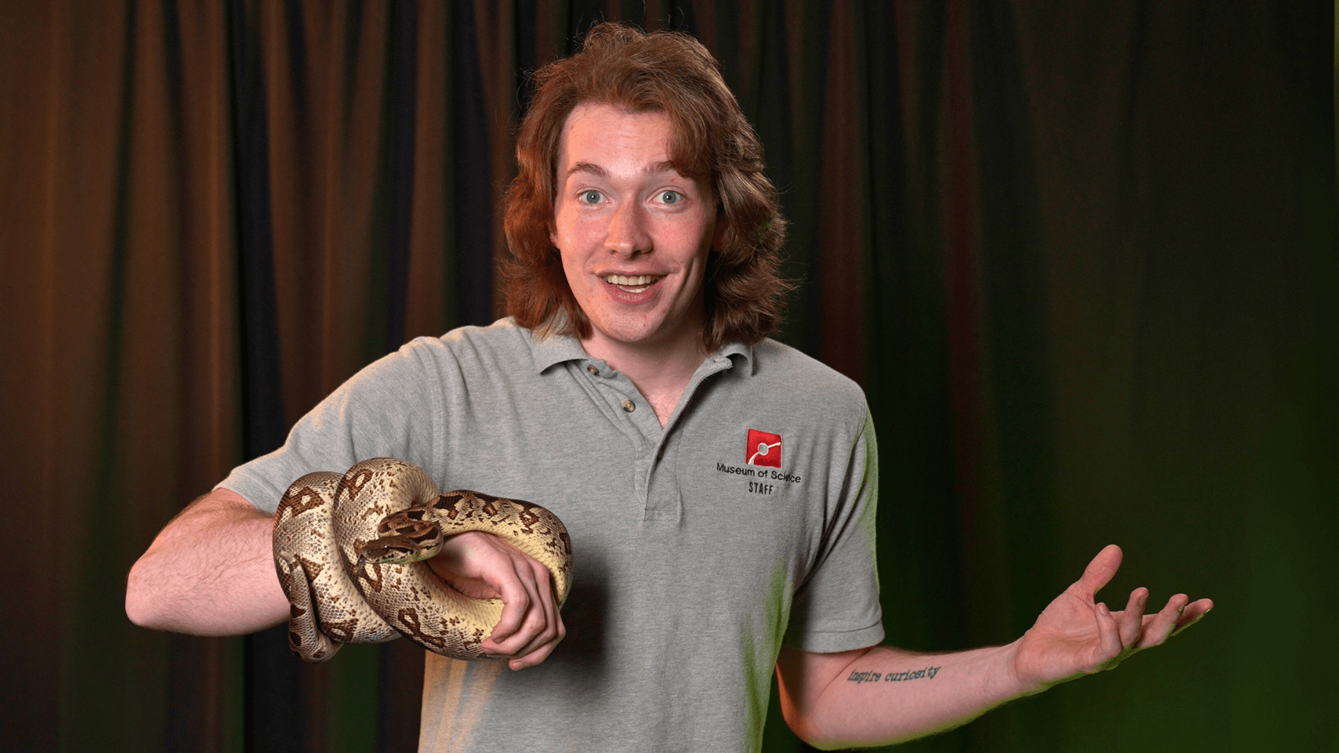 Museum Educator Jason holding King Julien the Dumeril's boa