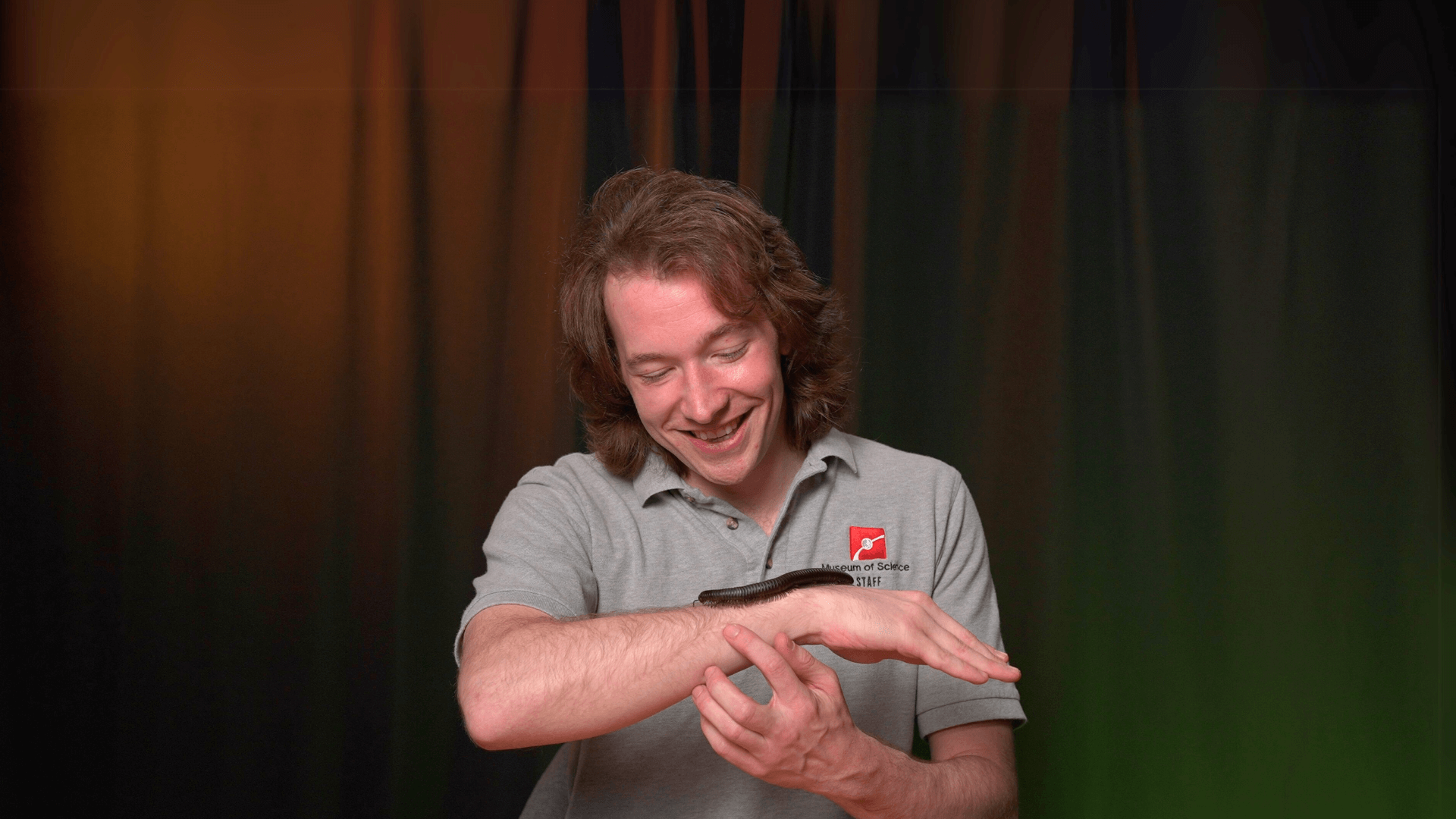 Museum Educator Jason holding Archie the millipede