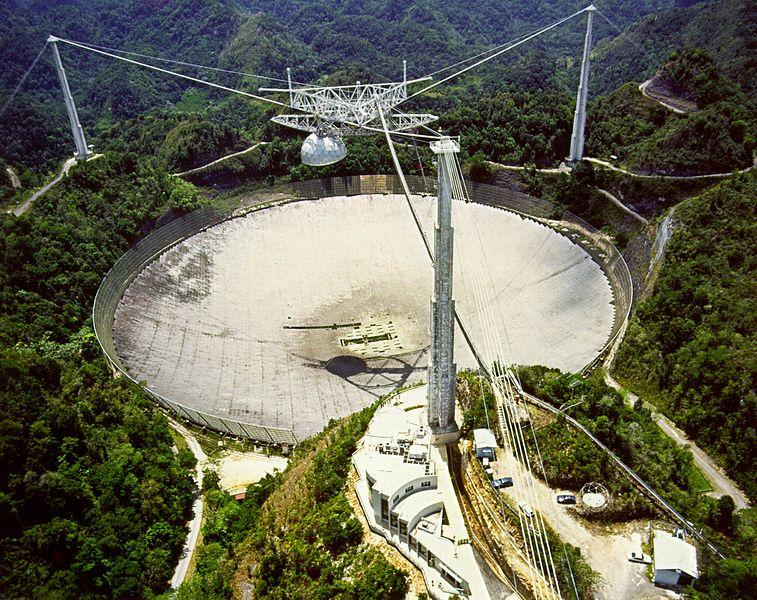 An aerial view of the Arecibo radio telescope dish, surrounding towers, and suspended platform. Credit: H. Schweiker/ WIYN/NOAO/AURA/NSF