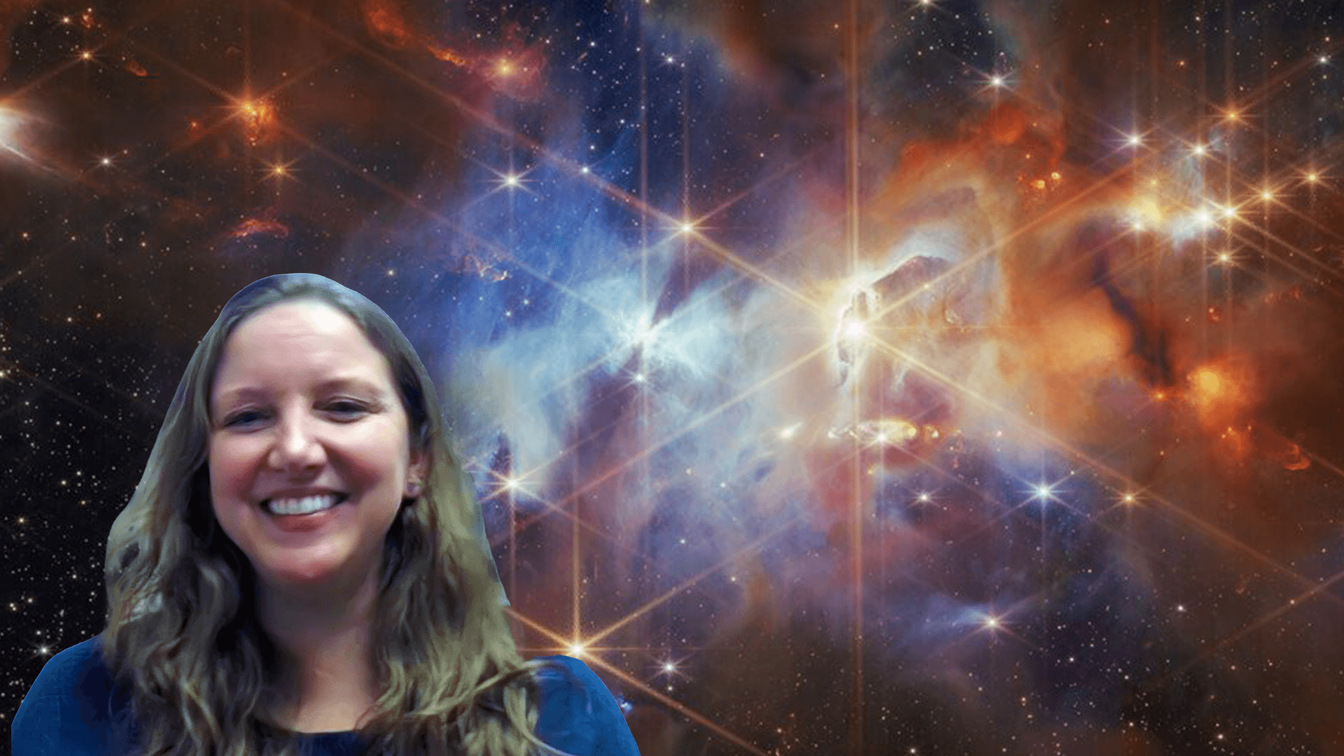 Stephanie Milam in front of an image of a nebula