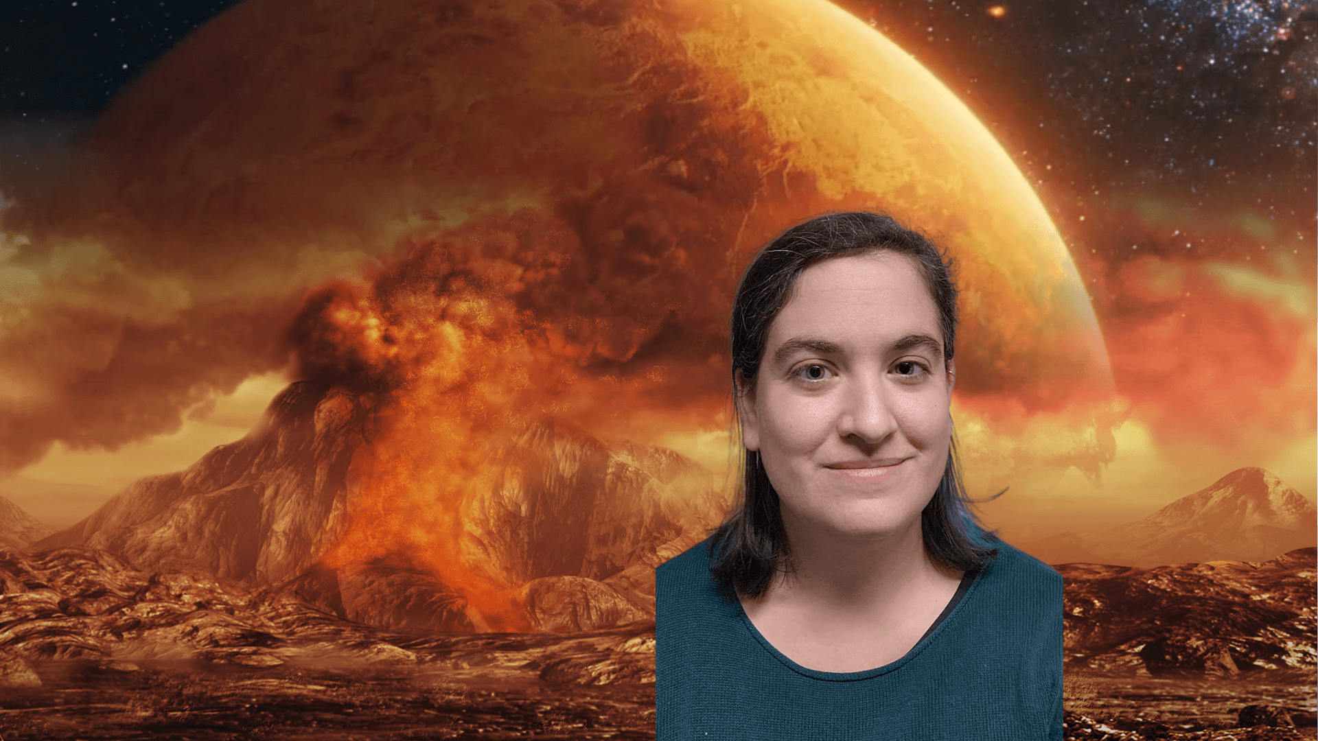 Talia in front of an illustration of volcanos on Venus