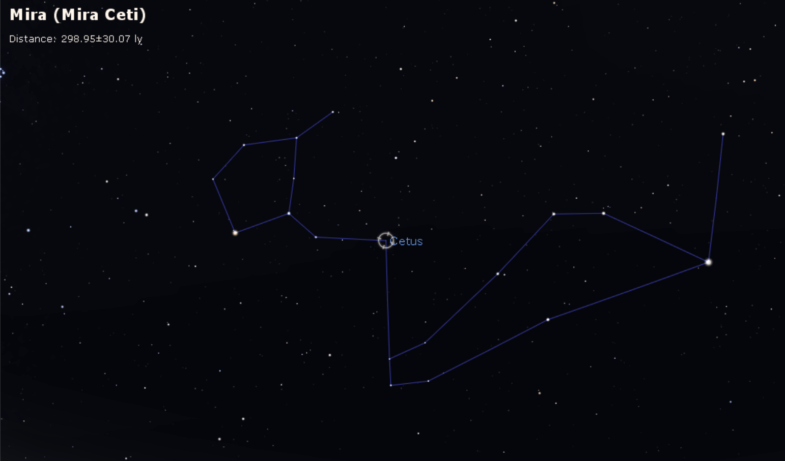 The constellation Cetus with the star Mira marked. Image created by the author using Stellarium.