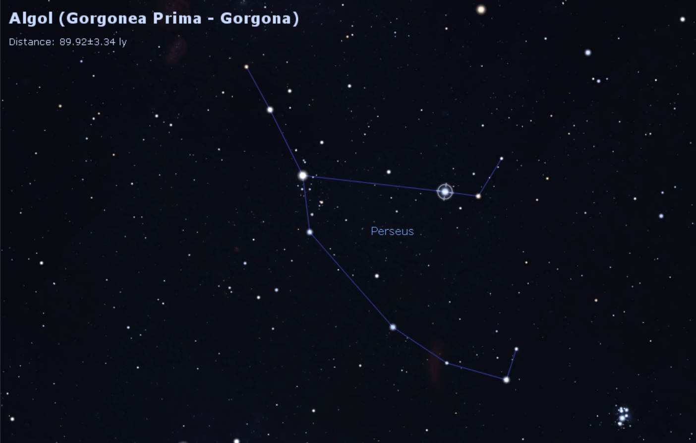 The constellation Perseus with the star Algol marked. Image created by the author using Stellarium.