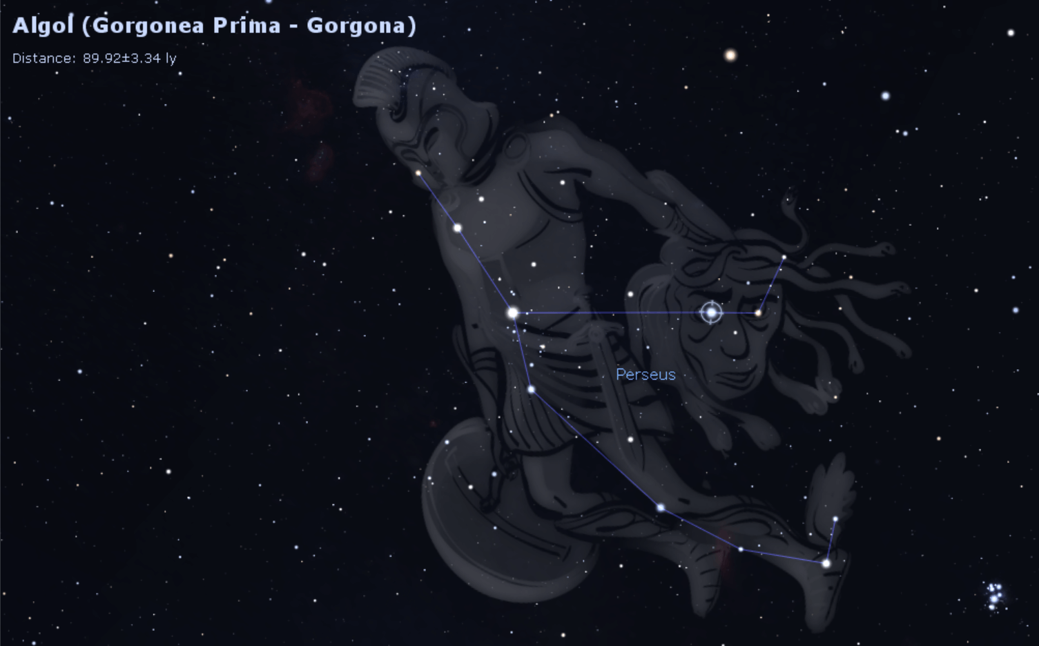 Image showing artwork for the constellation Perseus, showing Algol’s position as the eye of Medusa. Image created by the author using Stellarium.