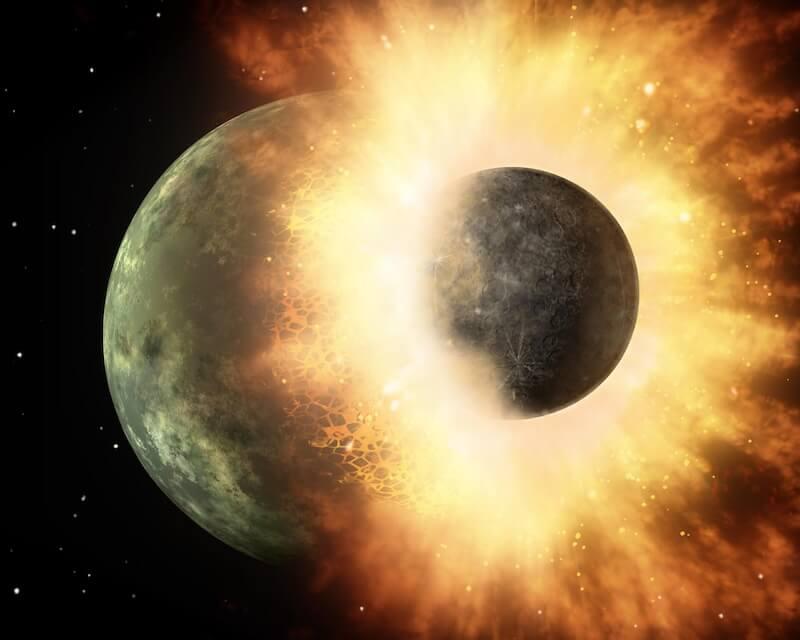 An artist’s rendition of the impact between Earth and Theia. Credit: NASA/JPL-Caltech