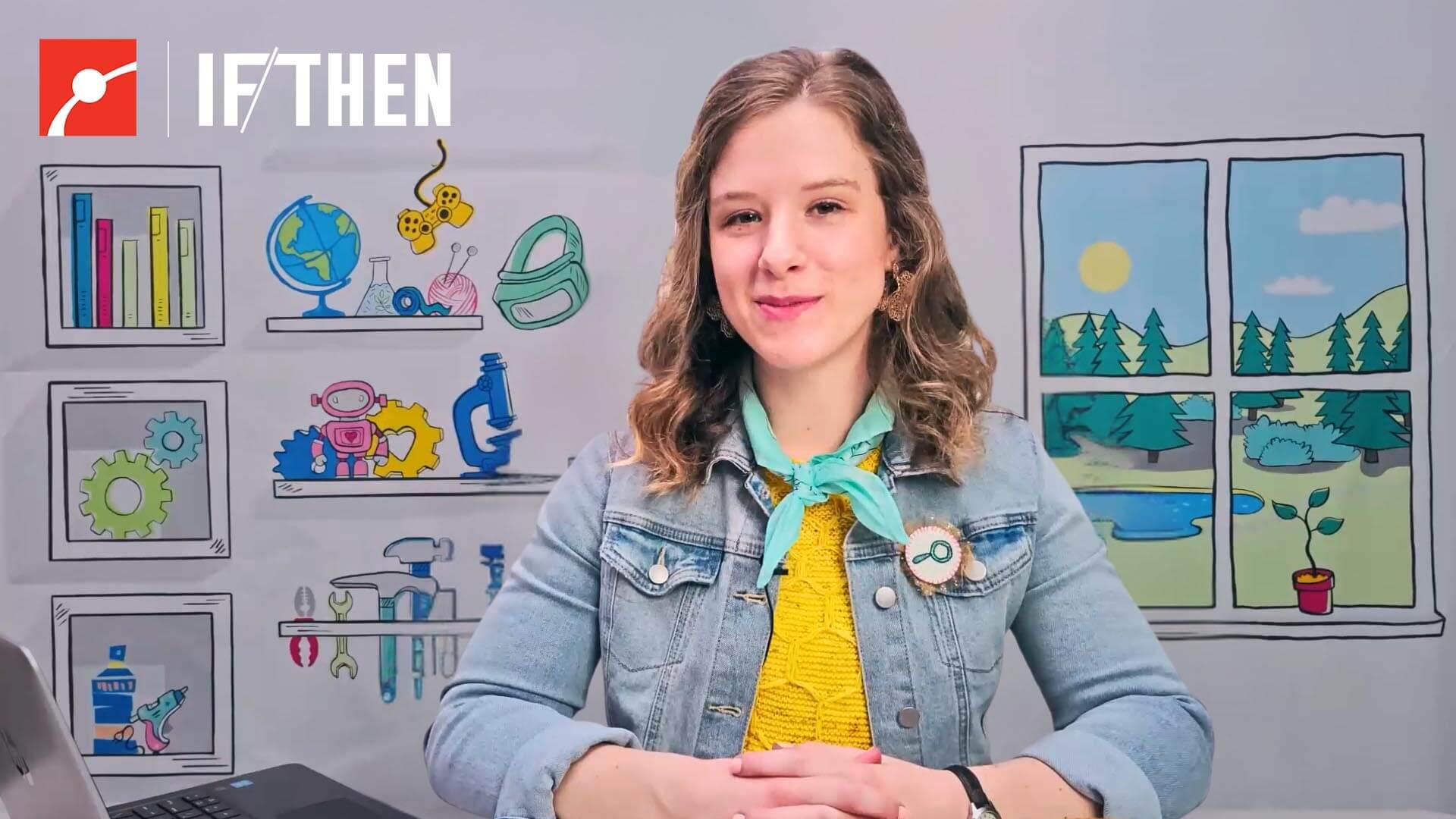 Gracie Ermi smiles at the viewer in front of an illustrated background showing shelves and a window