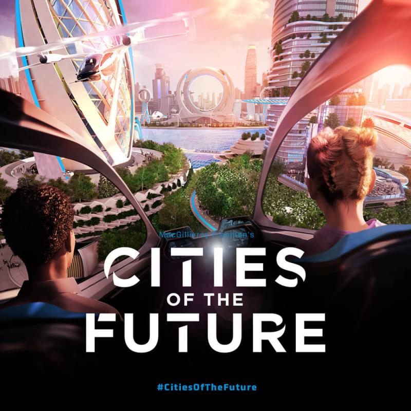 Cities of the Future film poster - two people riding in a futuristic vehicle through a futuristic city.