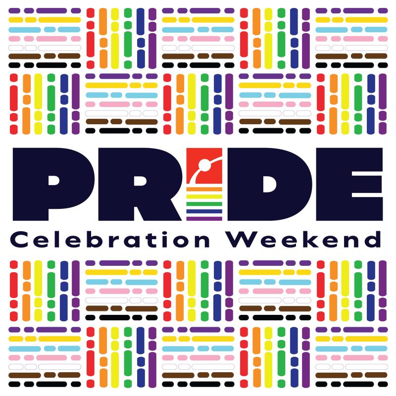 Pride Celebration Weekend in black text with rainbow dashes around it.