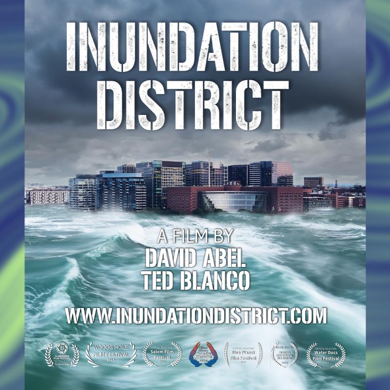 The film poster for Inundation District, featuring a depiction of a city partly submerged in water from rising sea level.