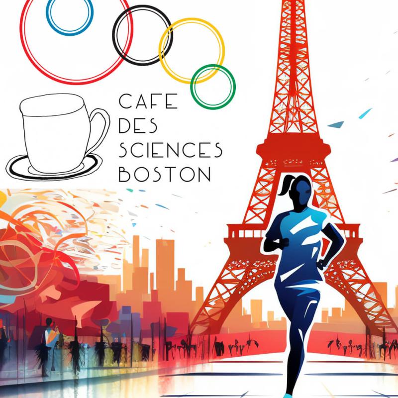 An abstract image of a woman running in front of the Eiffel tower with the words Cafe des sciences.