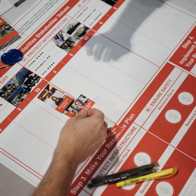 A person applying a sticker to a board for the Climate Hazard Resilience Forum on Extreme Heat.